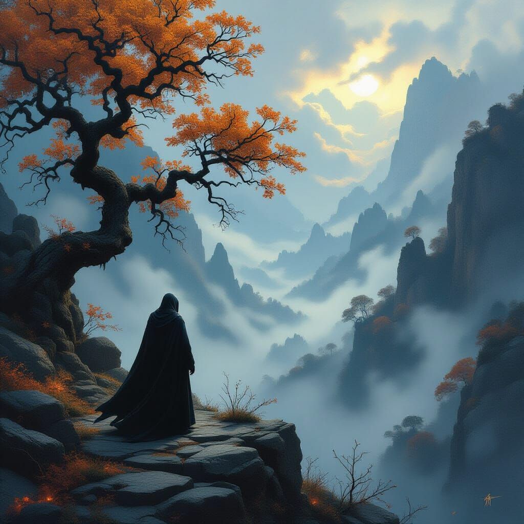 Cloaked Figure Overlooking Misty Valley in Dark Fantasy Styl...