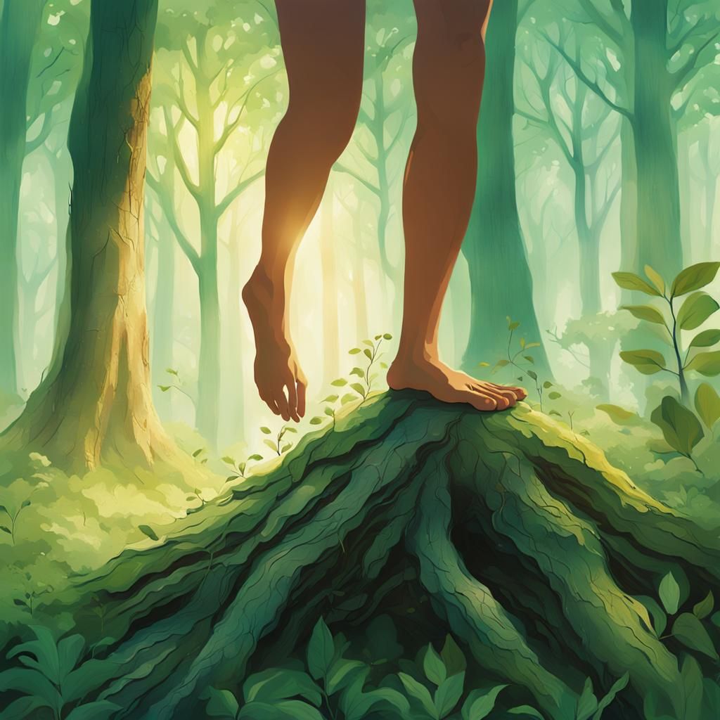 Barefoot Forest Connection in Impressionist Style