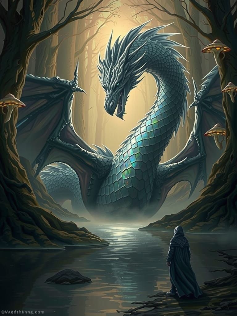 A colossal, serpentine dragon with iridescent, crystalline s...