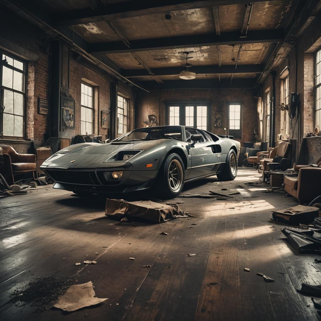 Supercar in Abandoned Penthouse: Cinematic Film Still