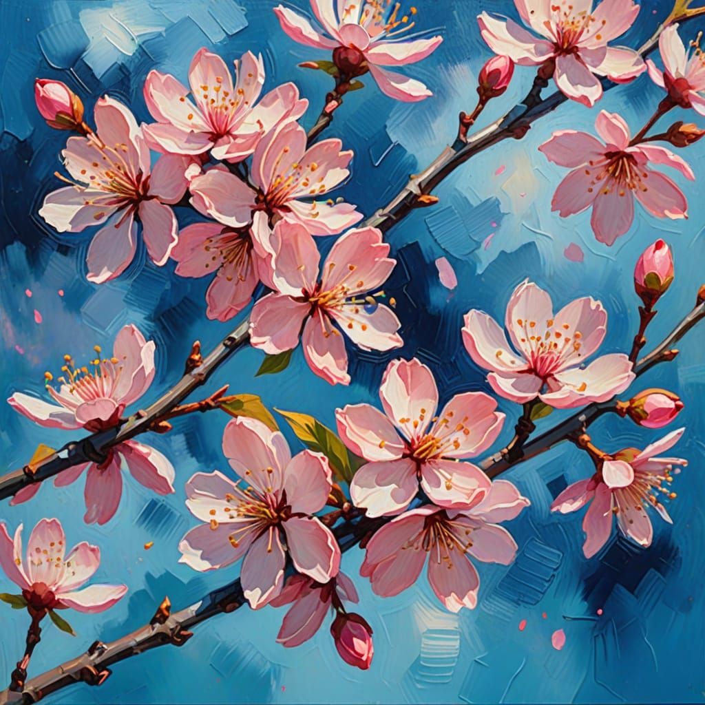 Impressionist Masterpiece of Pink Cherry Blossoms in Soft Fo...