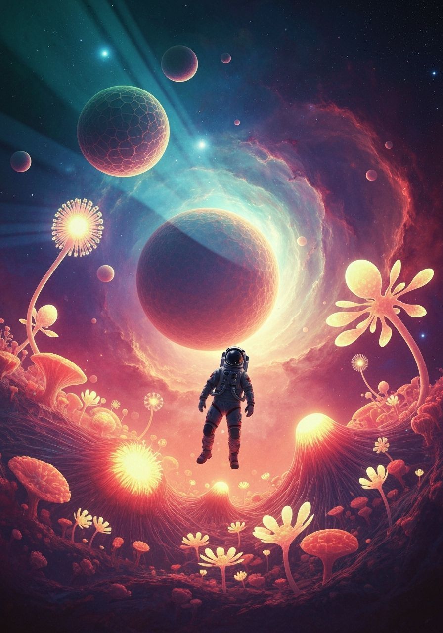 Astronaut Adrift in Luminous Nebula With Alien Flora