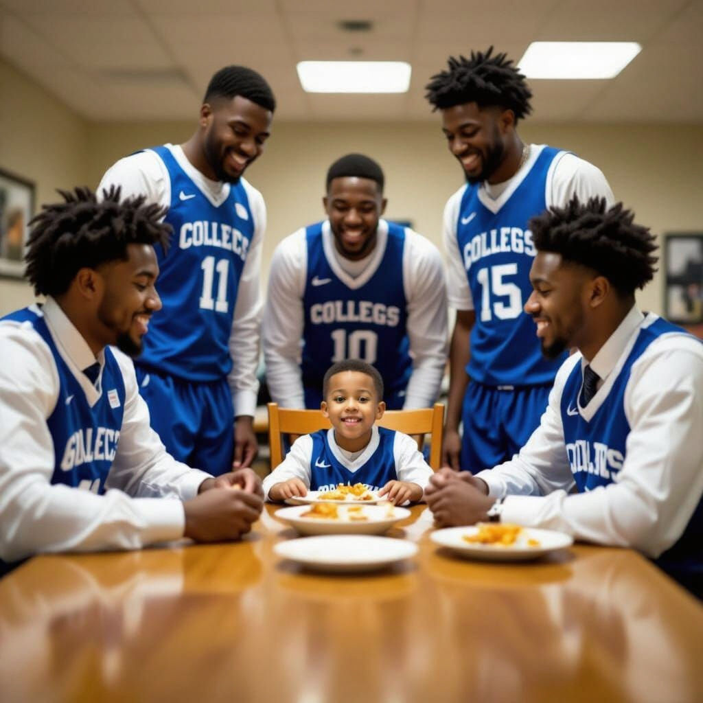 Humorous Portrait of Basketball Team with Small Friend