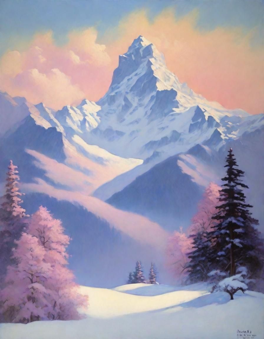 Gouache Impressionist Masterpiece maxfield parrish . Medium shot. Snow-capped mountains stretch towards the sky amidst g...