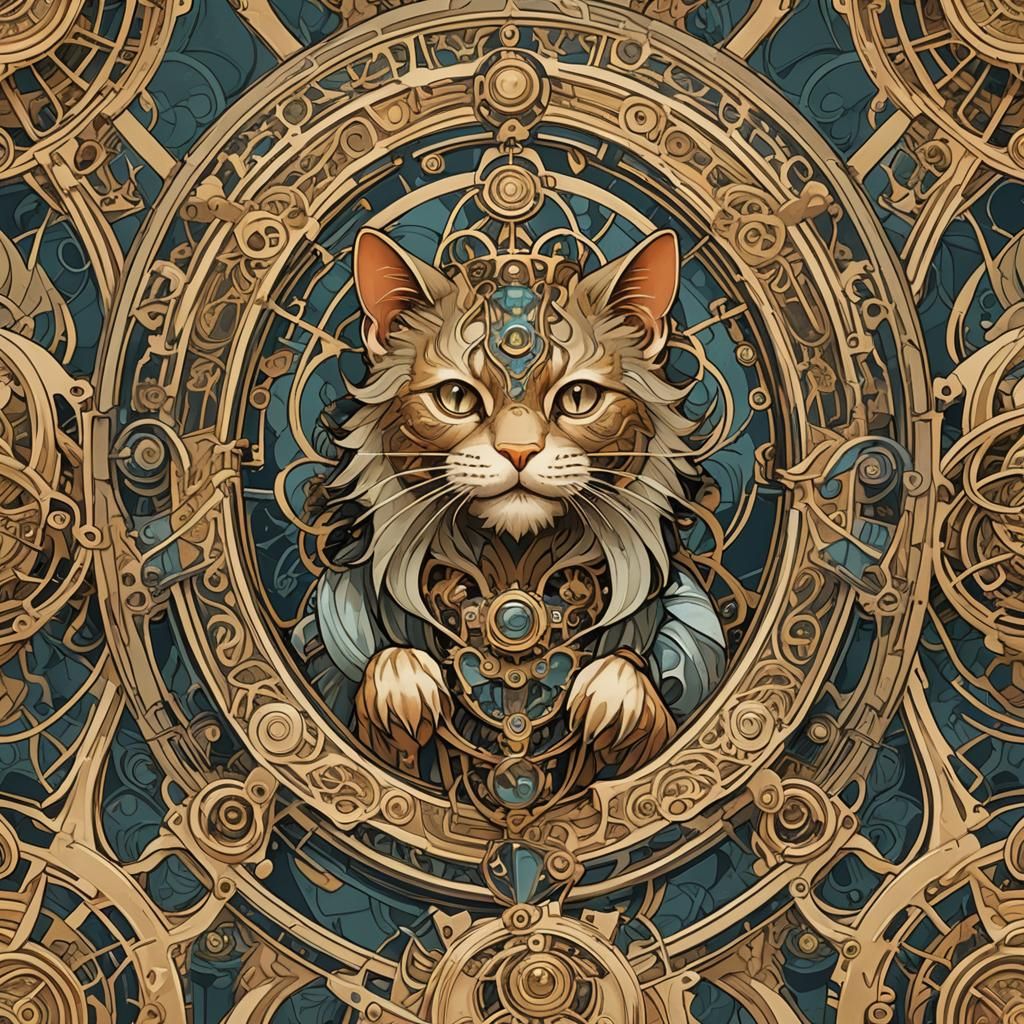 Seamless Maneki Neko Pattern in Art Nouveau Style