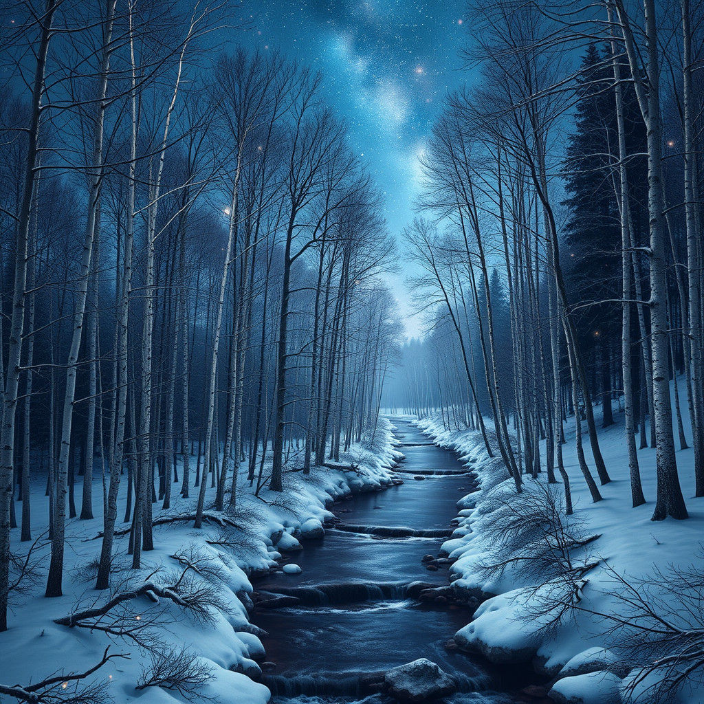 Celestial Mountain Brook in a Snowy Birch and Beech Forest