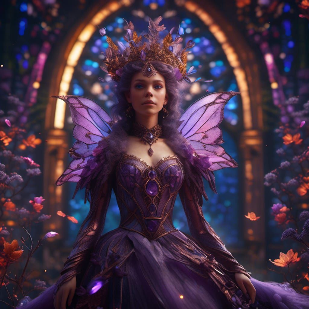 Amethyst Fairy Portrait in Stained Glass Dress