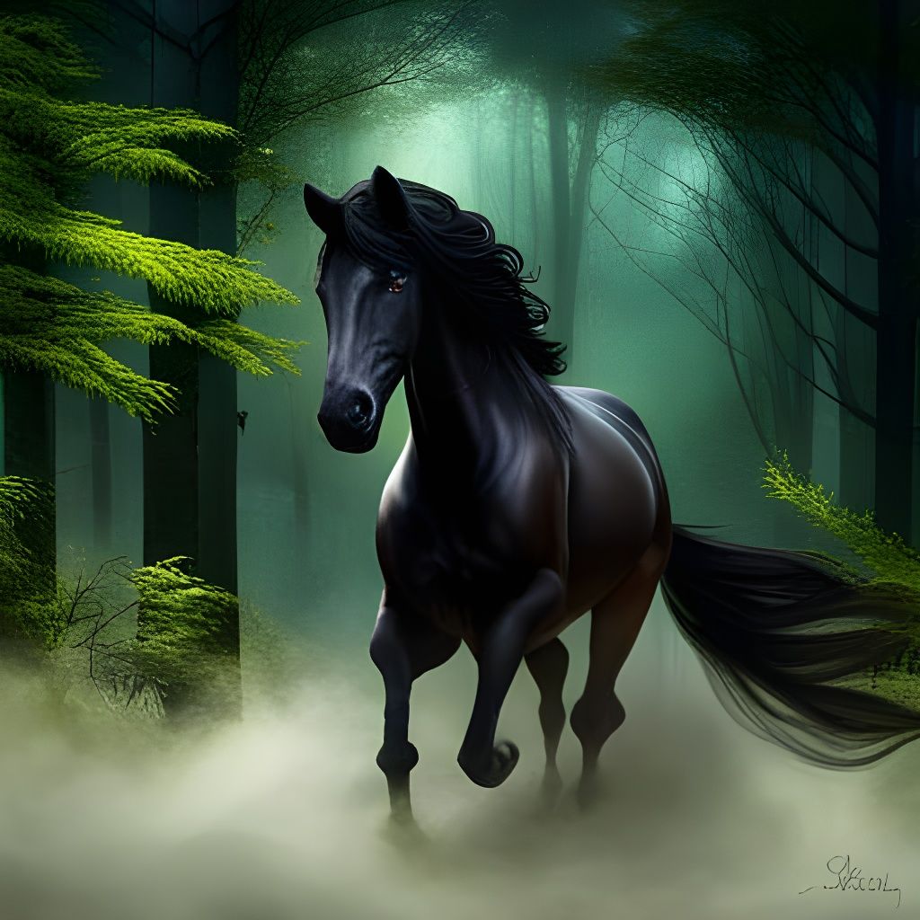 Mystical Black Friesian Horse in Fantasy Forest