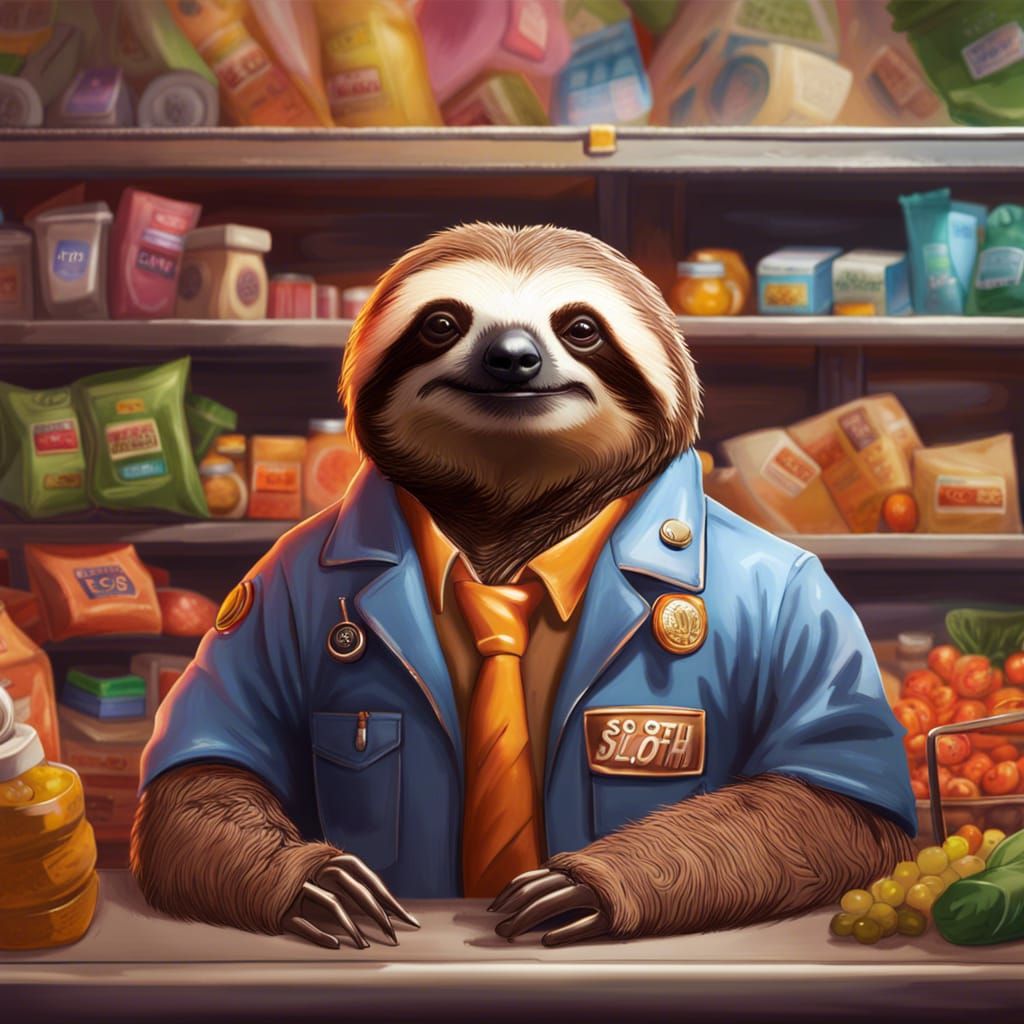 Sloth as Supermarket Cashier in Maximalist Style