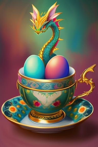 Cute Dragon in Teacup: Detailed Digital Art