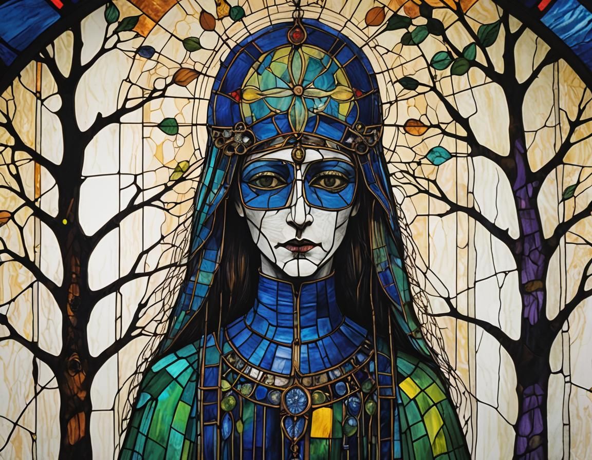 Stained Glass Masked Figure in Surreal Village