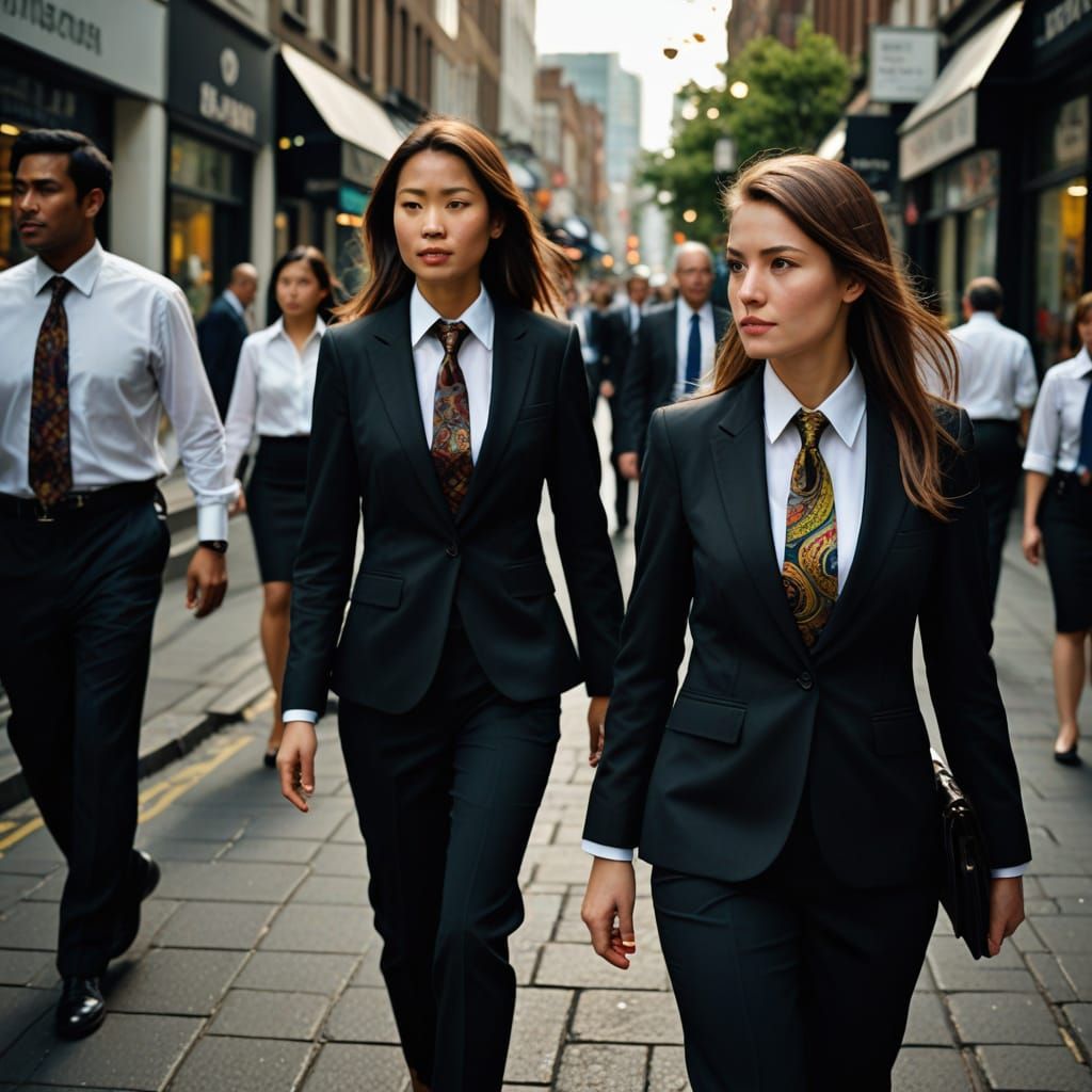 Businesswomen Strolling Down City Street in Vibrant Attire