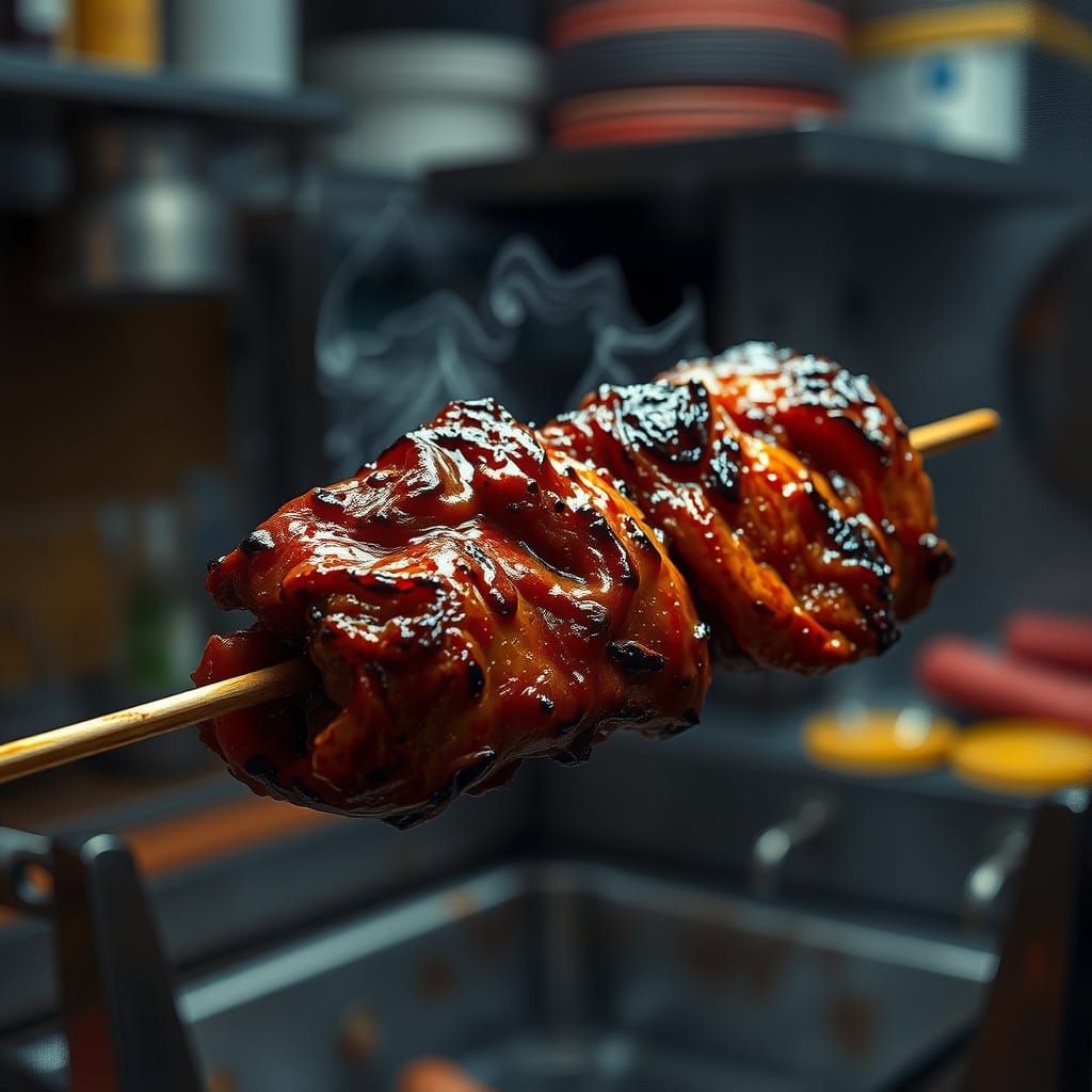Sizzling Meat on Skewer in Moody, Expressive Style