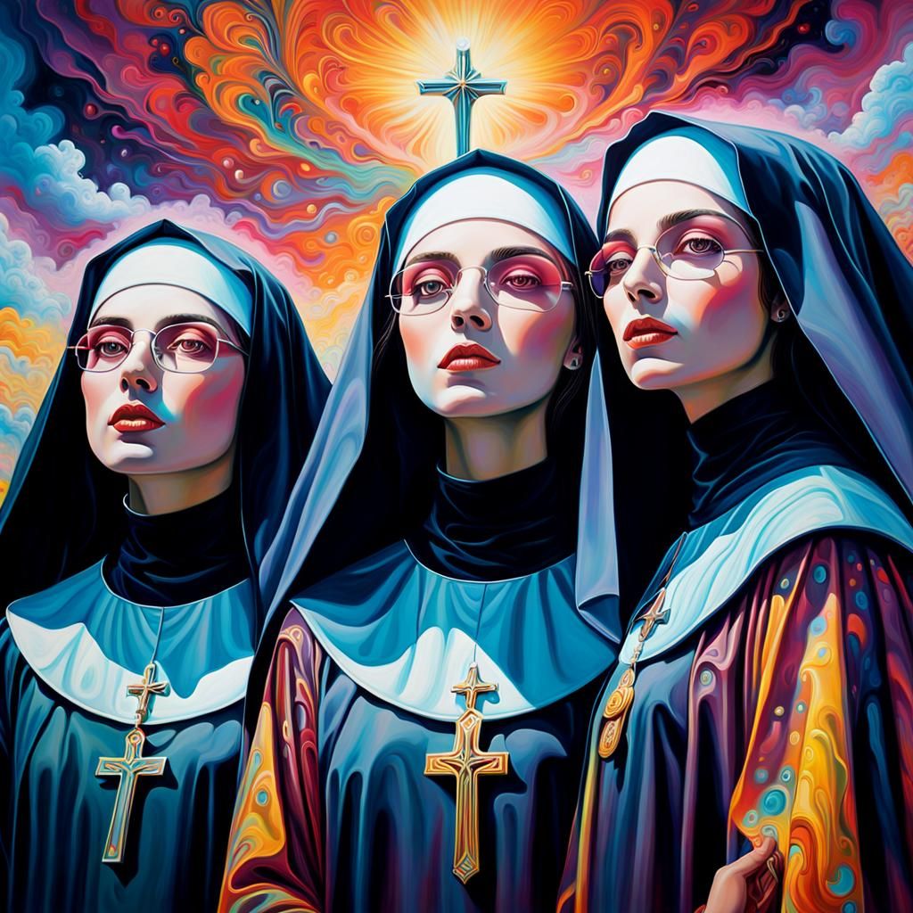 Psychedelic Nuns in a Dreamlike Acrylic Pouring