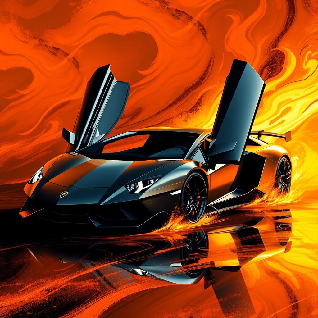Sleek, Futuristic Supercar Silhouetted Against a Swirling In...