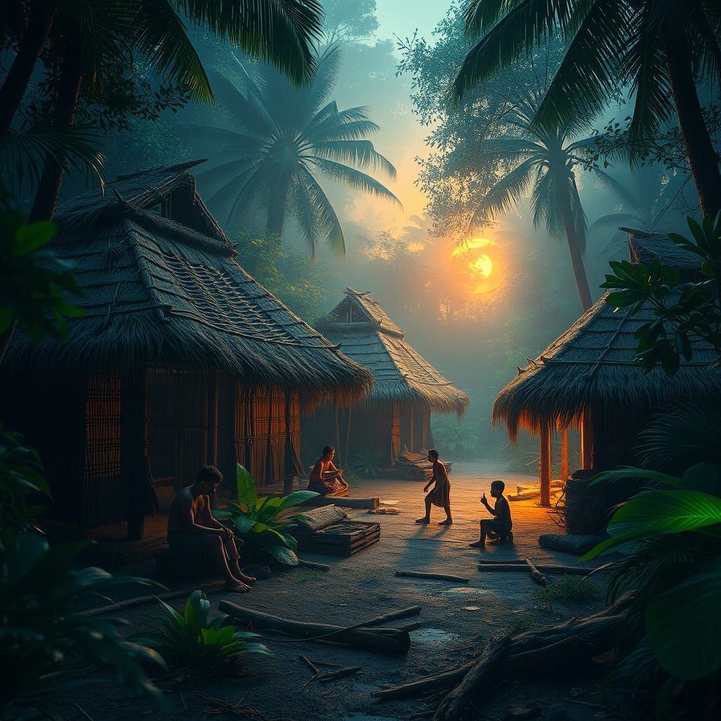 Mayan Families Build Huts in Fractal Jungle