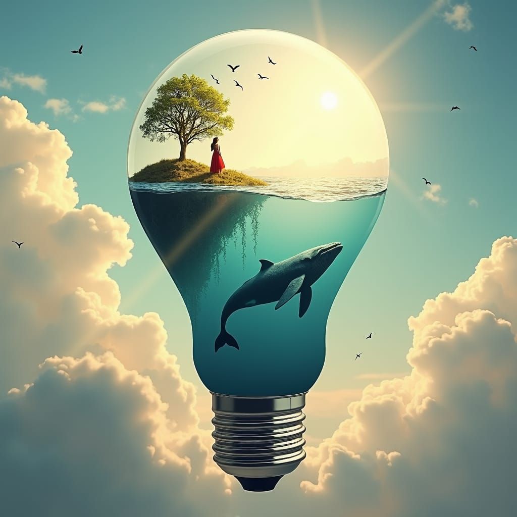 A surrealistic, scene of a giant light bulb floating in the sky...