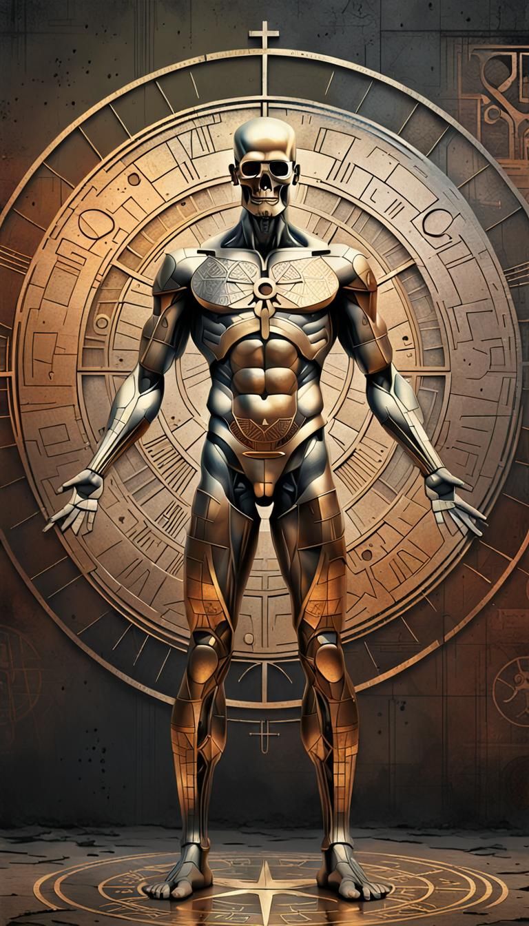 Vitruvian Man in Gothic Graffiti with Caduceus