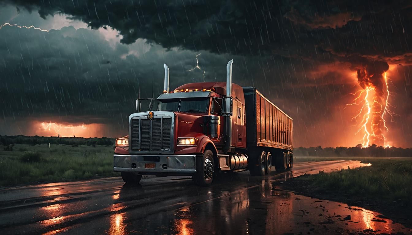 Semi truck in thunderstorm