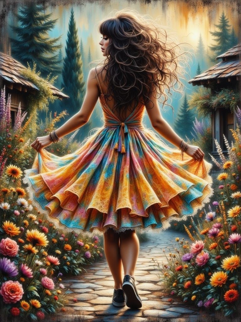 Create a whimsical grunge scene with a naturally <lora:Beautiful women:0.5> beautiful young bohemian woman in a colorful...