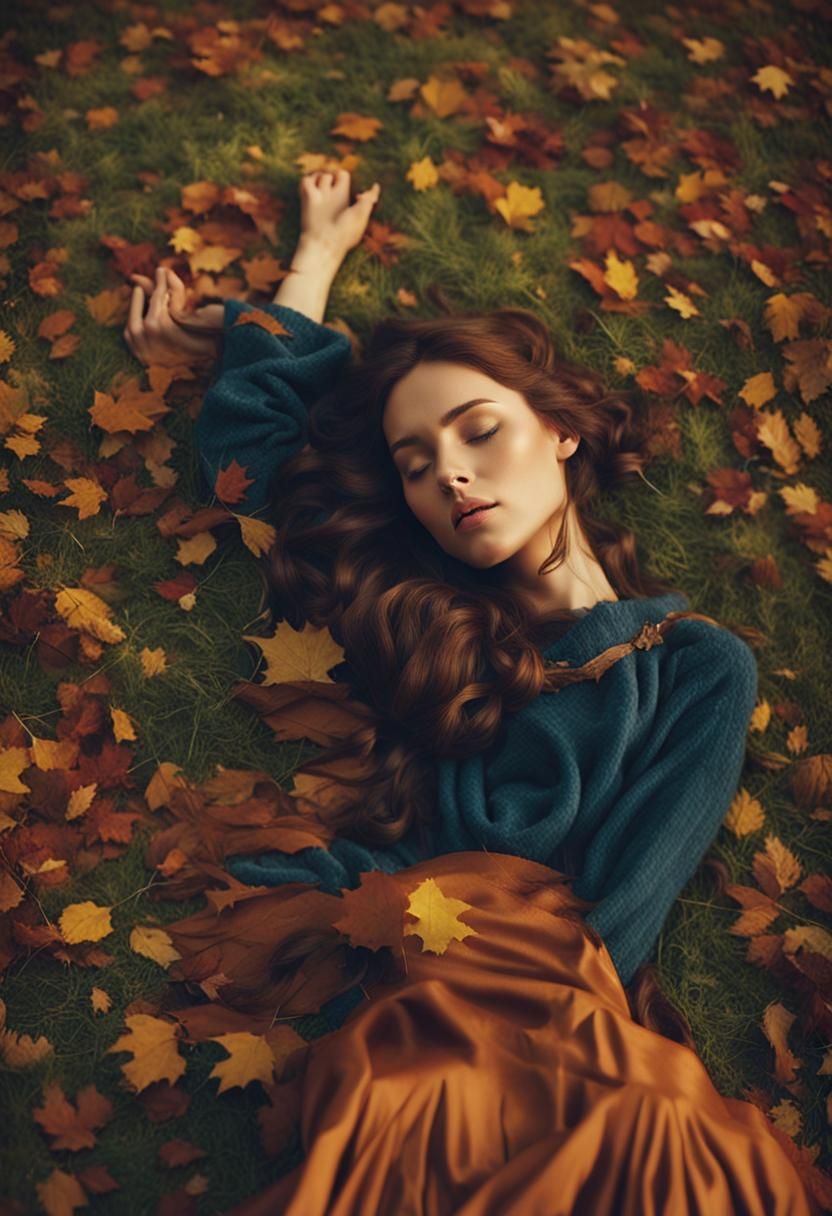 Medieval Lady Asleep in Autumn Leaves