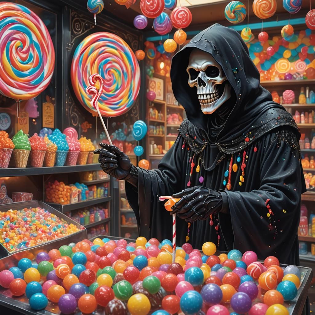 Grim Reaper's Sweet Dance: Hyperrealistic Lollipop Shop Art
