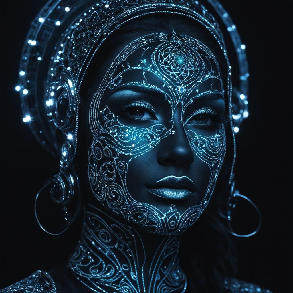Cyberpunk Portrait with Luminous Line Art and Filigree