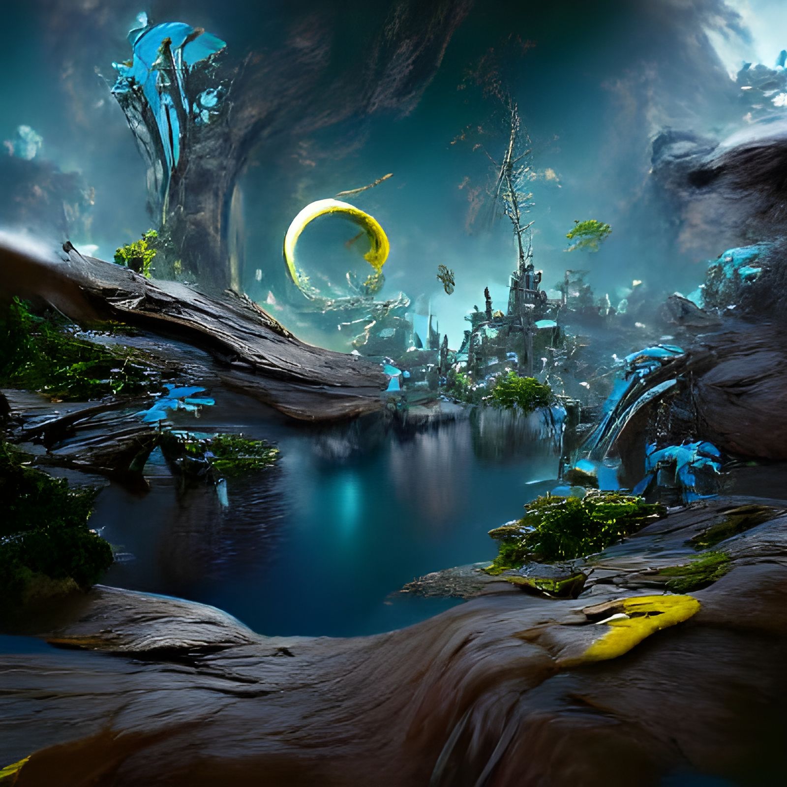Planet Pandora Forest with Na'vi in Detailed Matte Painting