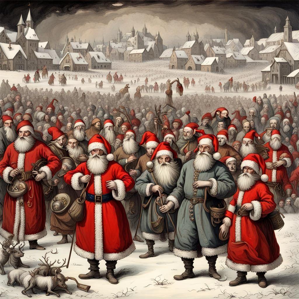 Sentient Santas Graze in Snowy Meadow