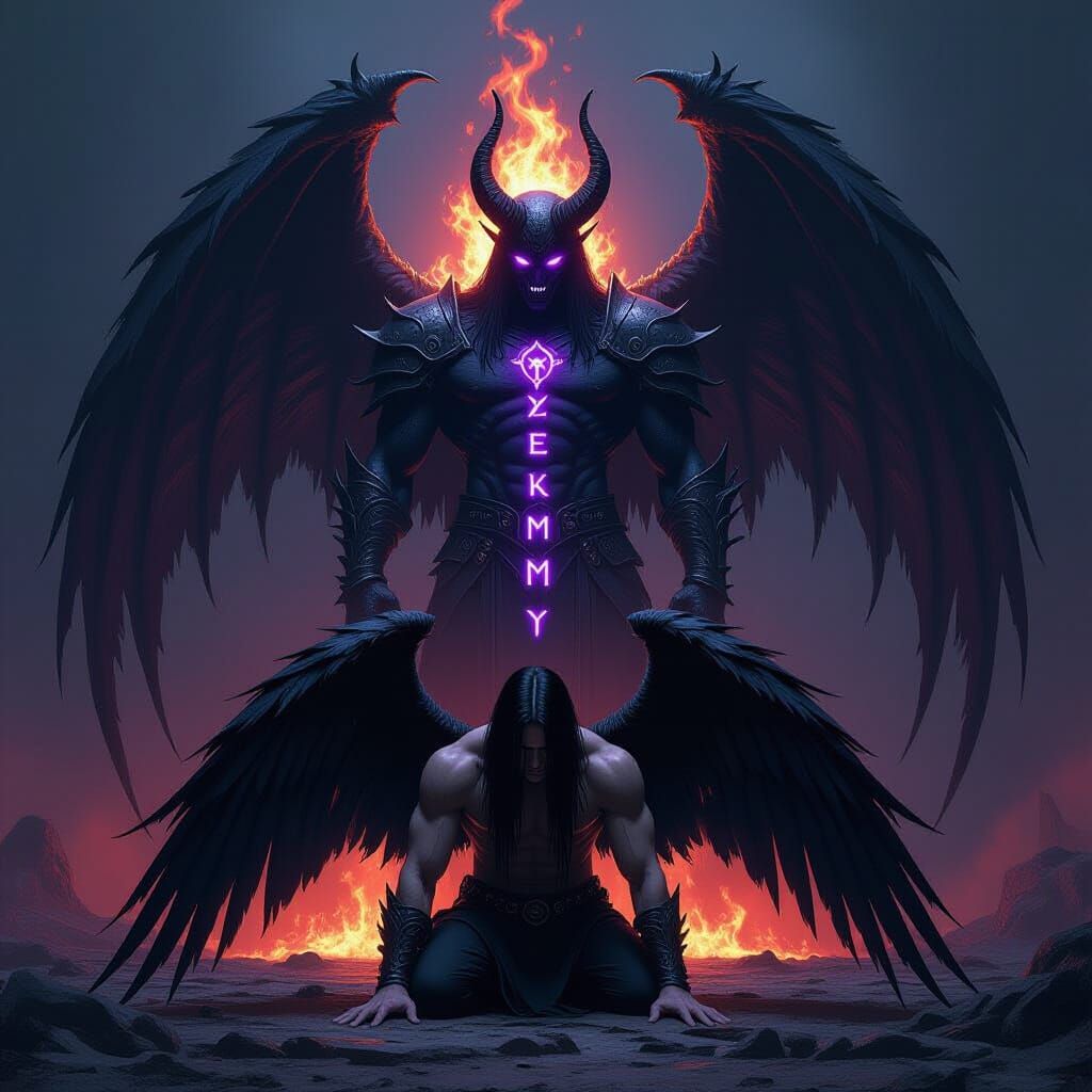 Dark Angel Kneeling Before a Demon Statue