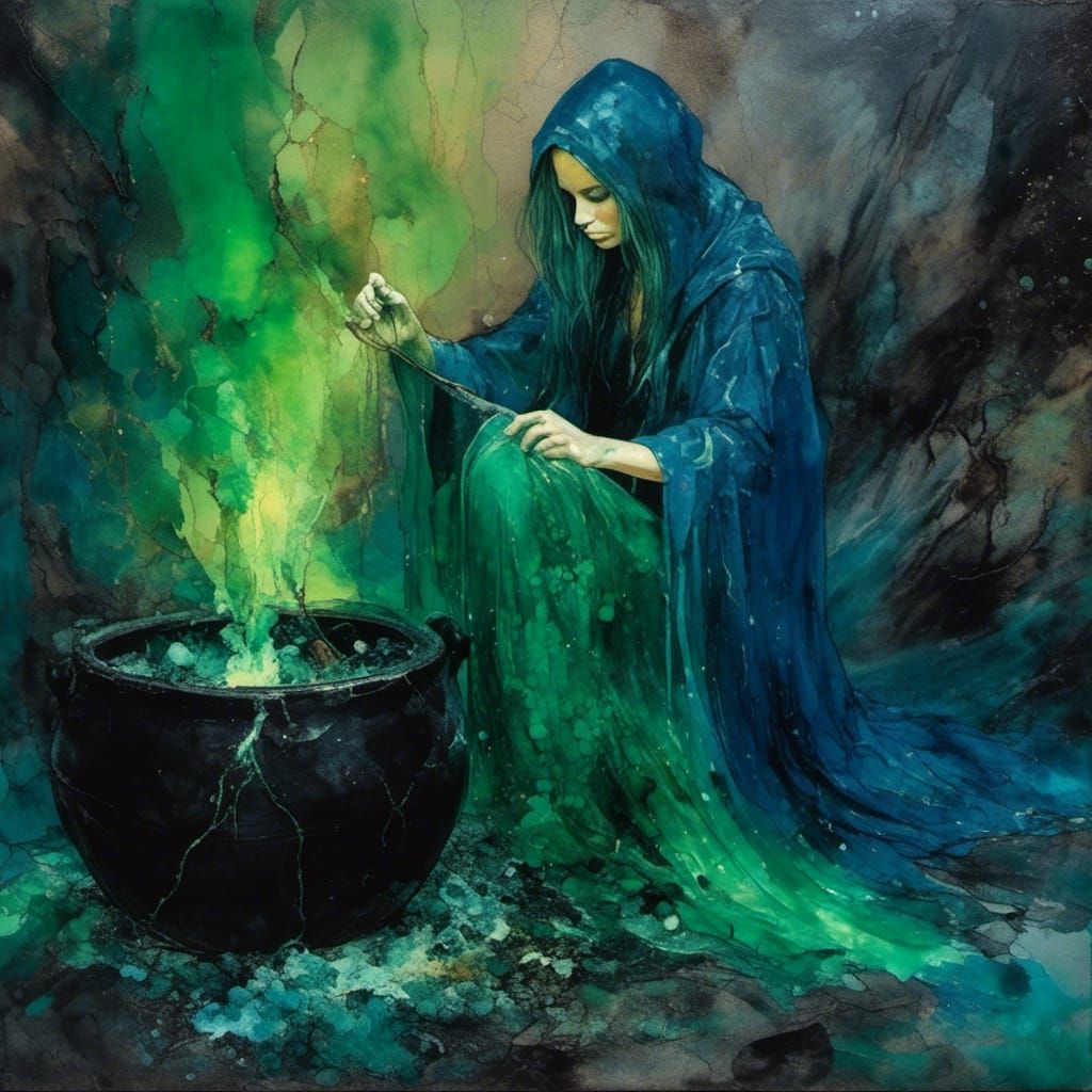 Ancient Witch Stirring Cauldron in Cave