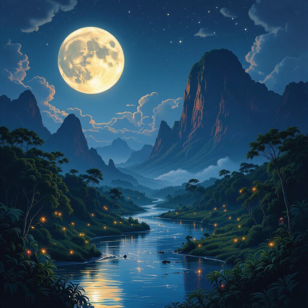 Alien Planet Nightscape with Giant Moon