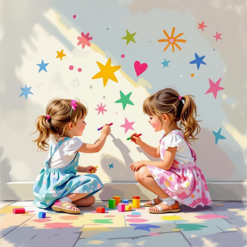 Two Girls Joyfully Draw on a Wall with Chalk