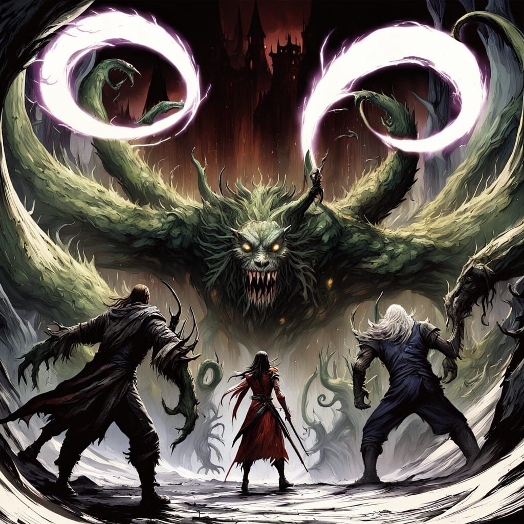 Dark Fantasy Heroes Stand Tall in Misty Forest