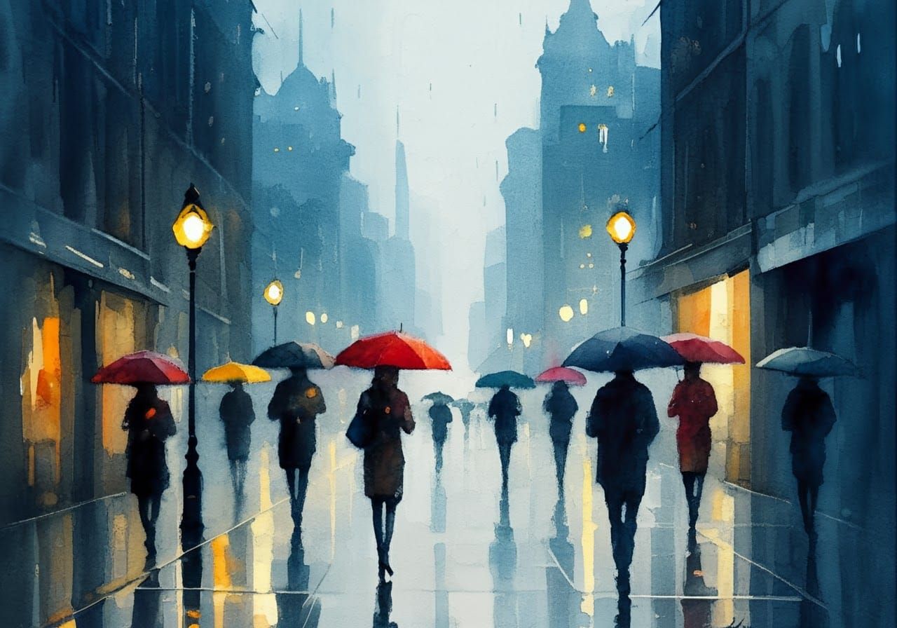 Rainy City Street in Watercolor Style