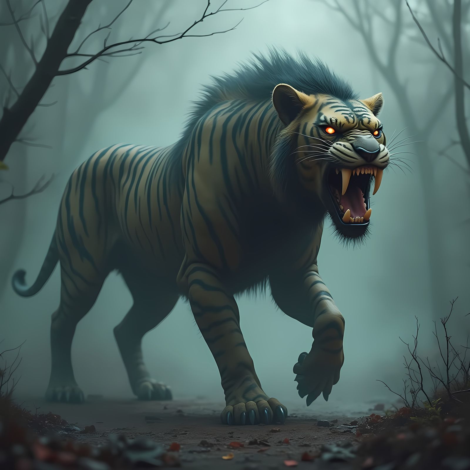 Mysterious, Four-Legged Hybrid Beast in Dark, Misty Landscap...
