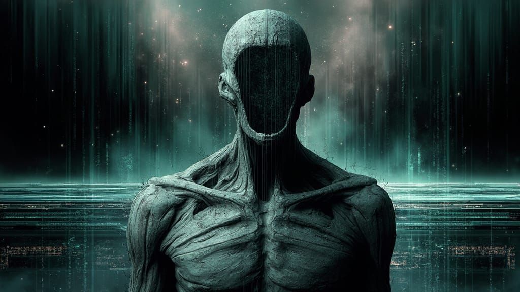 Decayed Figure in Glitchy Void, Surreal Dystopian Art