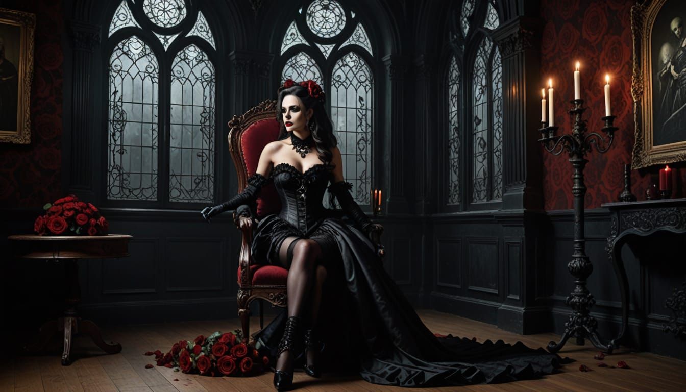Gothic Woman in Corset and Stockings on Chair