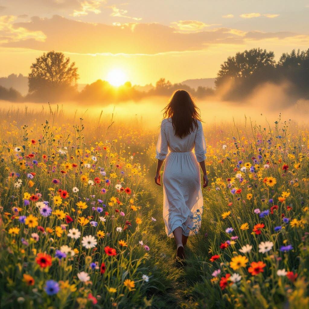 Woman Healing Through Sunrise Field in Impressionistic Style