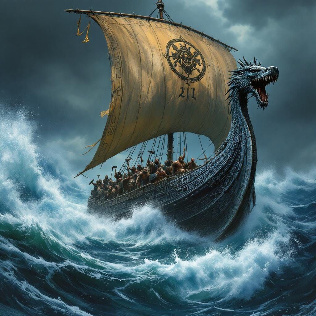 Viking Longship Amidst Stormy Seas