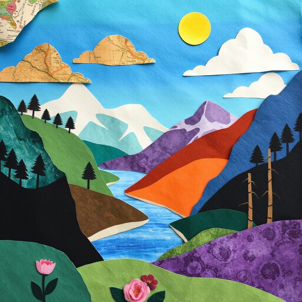 Surreal Paper Cutout Landscape with Mountains and Rivers