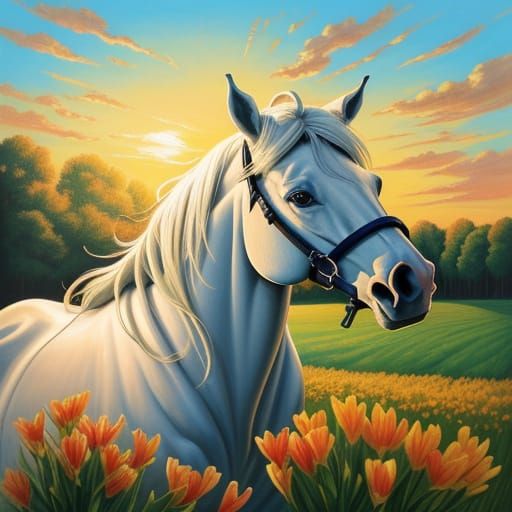 Cartoon Horse in Alstroemeria Field: A Baroque Oil Painting
