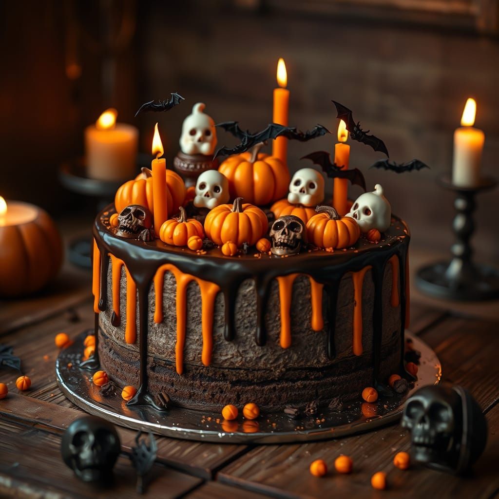 Halloween Cake with Skull Candles in Candlelight