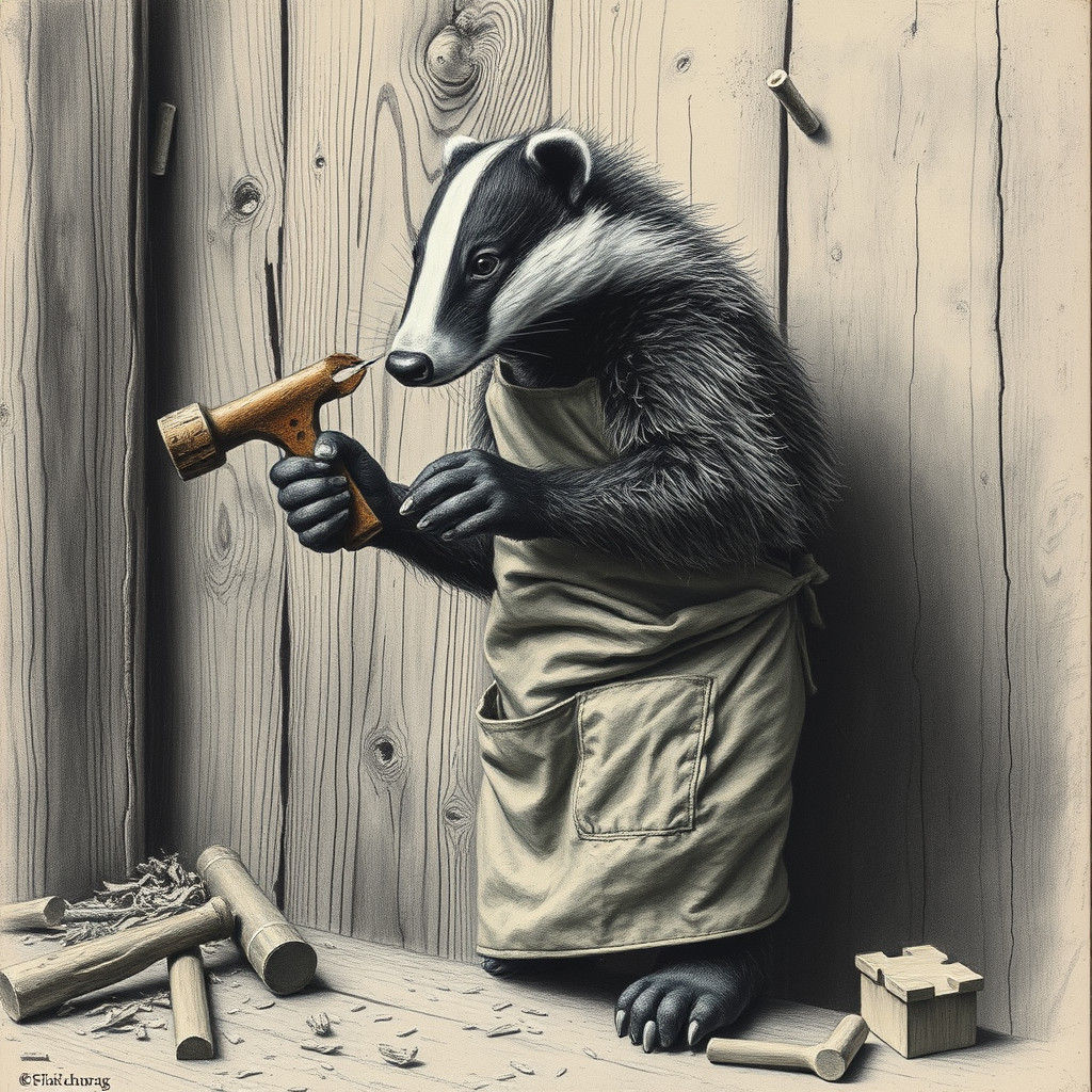 Badger Craftsman: Charcoal Drawing of a Badger Hammering