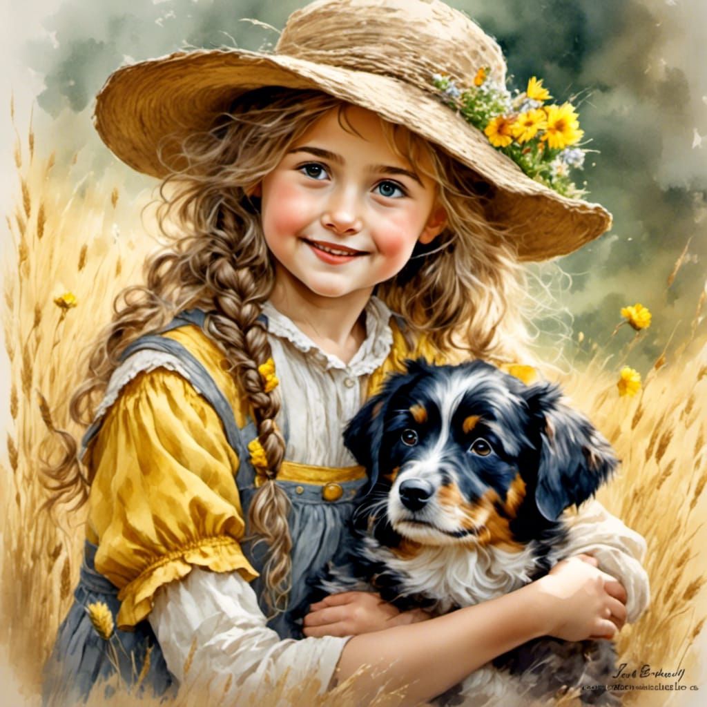 Little Girl and Dog in Whimsical Watercolor Drawing