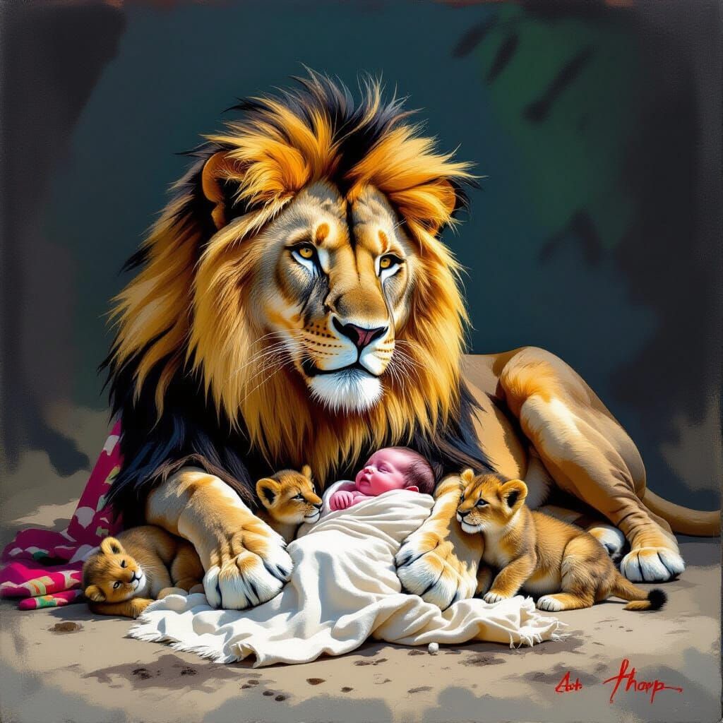 Lioness and Cubs with Baby in Graffiti Style