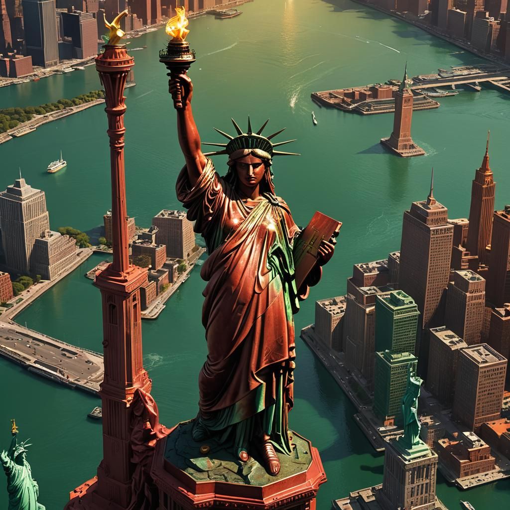 Ruby Red Statue of Liberty in Hyperrealistic Style