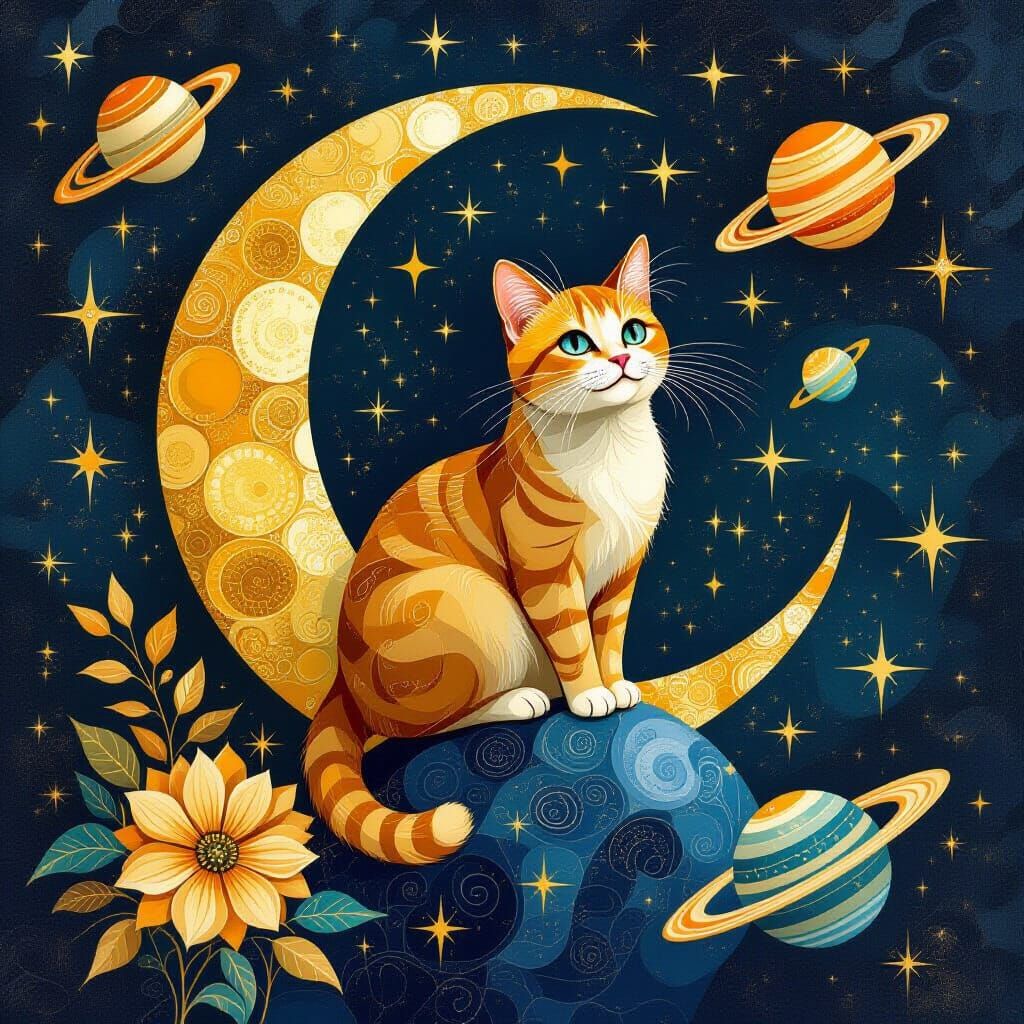 Cosmic Gold Cats Flying to Moon in Klimt Style