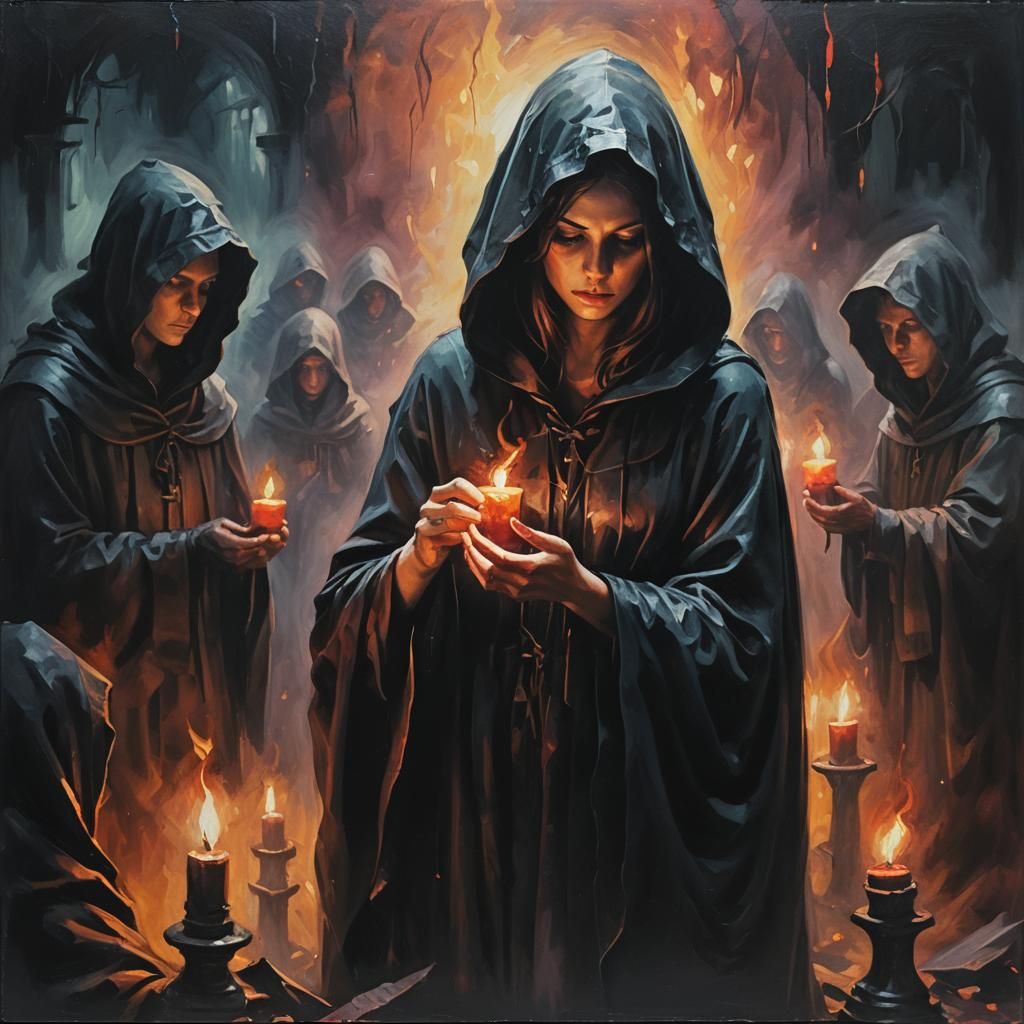 Ominous Dark Fantasy Scene with Hooded Figures