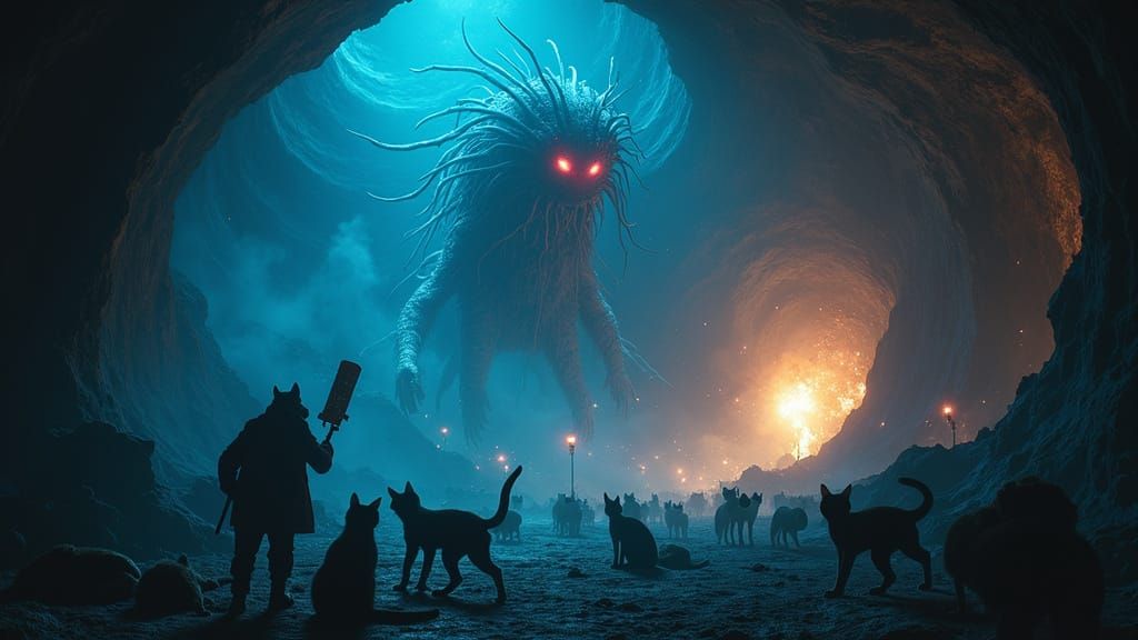 Ethereal Void Monster amidst Shapeshifting Cats and Cosmic C...